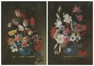 Giuseppe Recco - Flowers in a blue vase on a ledge with trailing columbine; and Flowers in a blue vase on a ledge