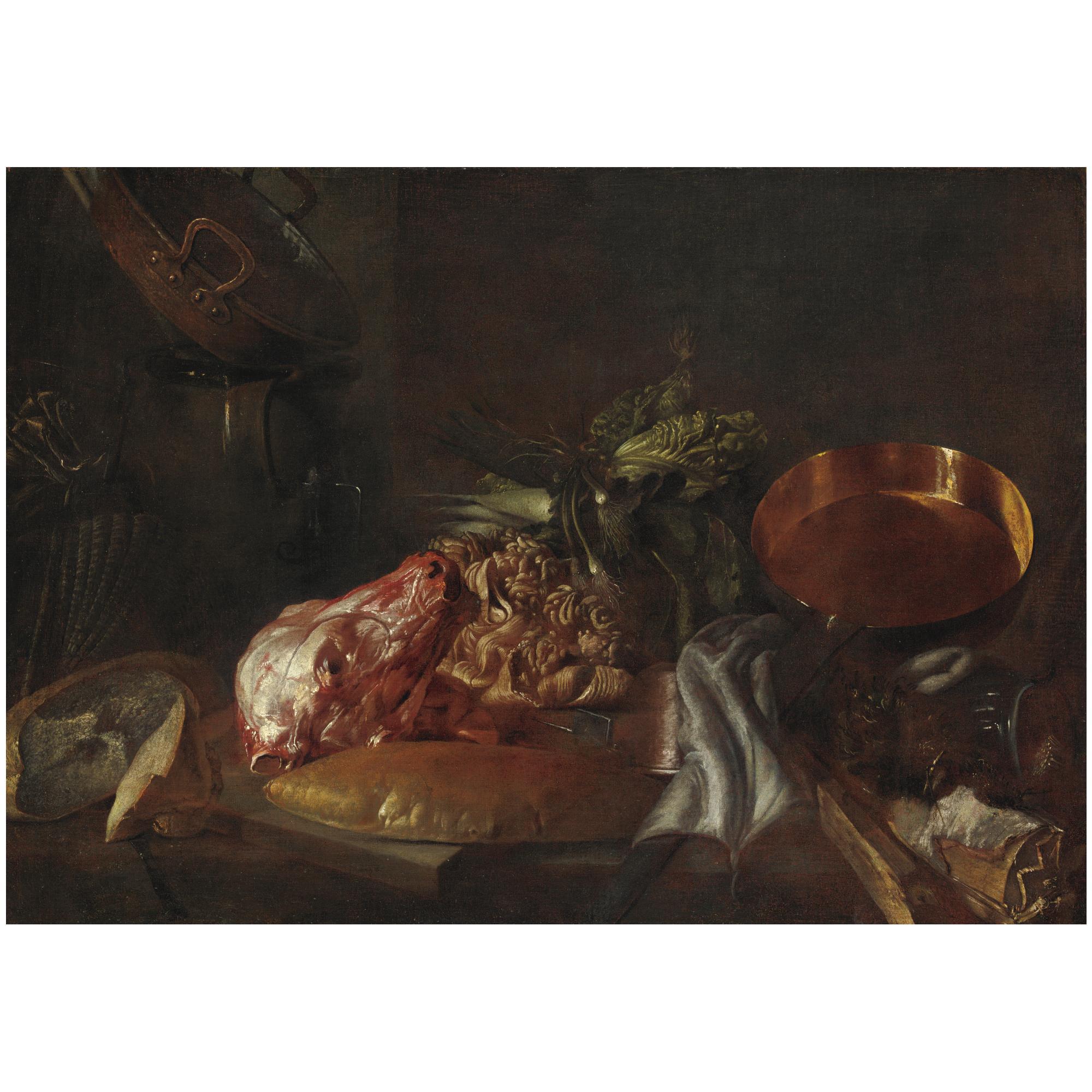 Giuseppe Recco - Interno Di Cucina Con Carni, Verdure, Pane E Pentole Di Rame