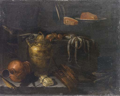Giuseppe Recco - Pesci E Vasi di Rame, Bacile di Ottone E Altra Suppellettile Con Pesce, Un Polipo E Cipolle, Su Mensole di Pietra