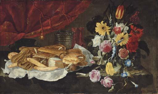 Giuseppe Recco - Roses, carnations, tulips and other flowers in a glass vase, with pastries and sweetmeats on a pewter platter, on a stone ledge in front of a red curtain