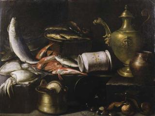 Giuseppe Recco - Spigola, seppie, triglie, gallinella e altri pesci su un vassoio di peltro, un albarello e altri suppellettili di rame e ottone