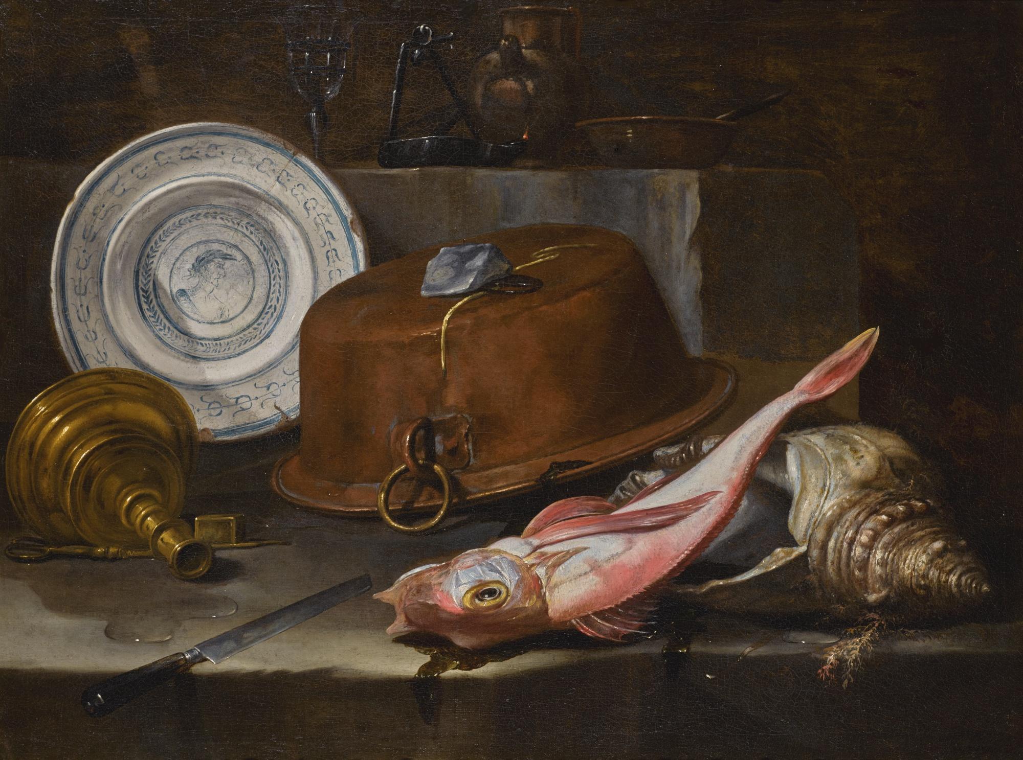 Giuseppe Recco - Still Life Of A Red Gurnard And Shell On A Stone Ledge, Before An Upturned Copper Pot And Platter