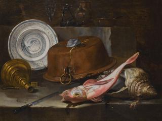 Giuseppe Recco - Still Life Of A Red Gurnard And Shell On A Stone Ledge, Before An Upturned Copper Pot And Platter