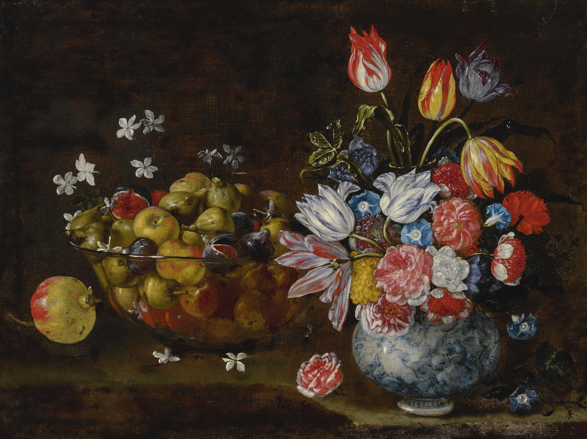 Giuseppe Recco - Still Life Of A Vase Of Flowers And Glass Bowl With Fruit