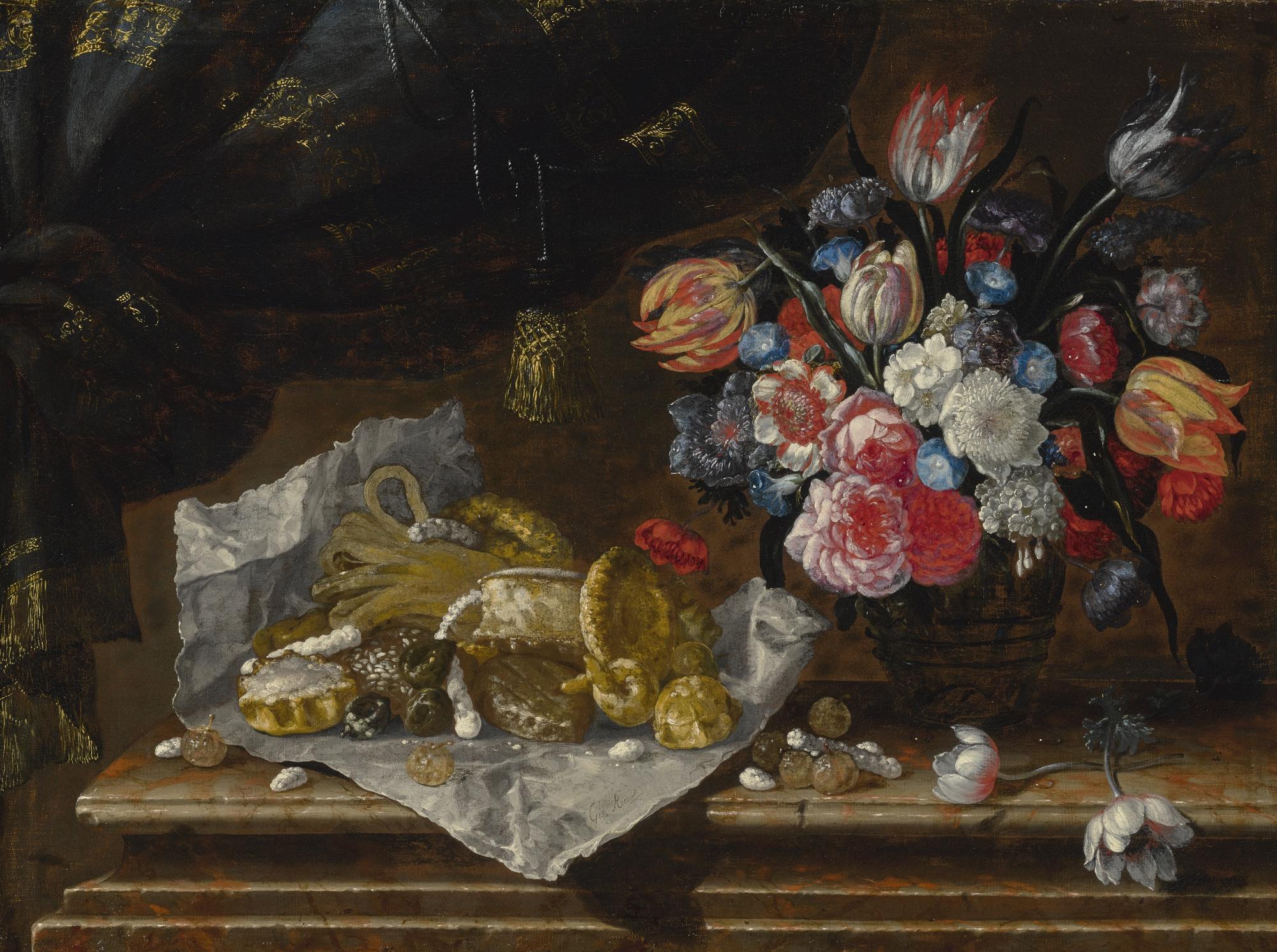 Giuseppe Recco - Still Life Of A Vase Of Flowers And Sweets