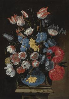 Giuseppe Recco - Still Life Of Anemones, Tulips, Dahlias And Other Flowers In A Glass Vase