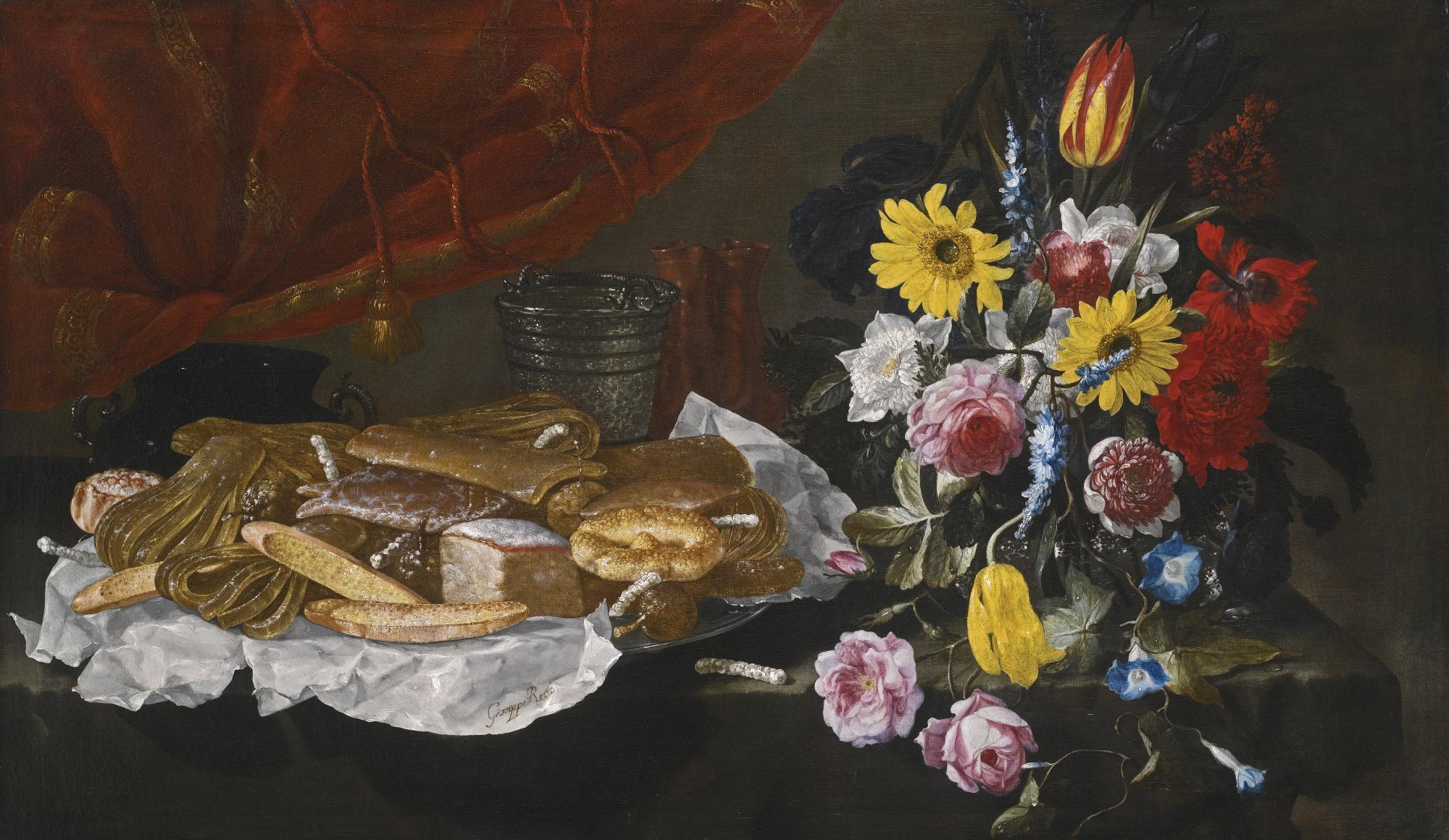 Giuseppe Recco - Still Life With Roses, Carnations, Tulips And Other Flowers In A Glass Vase, With Pastries And Sweetmeats On A Pewter Platter, On A Stone Ledge In Front Of A Red Curtain