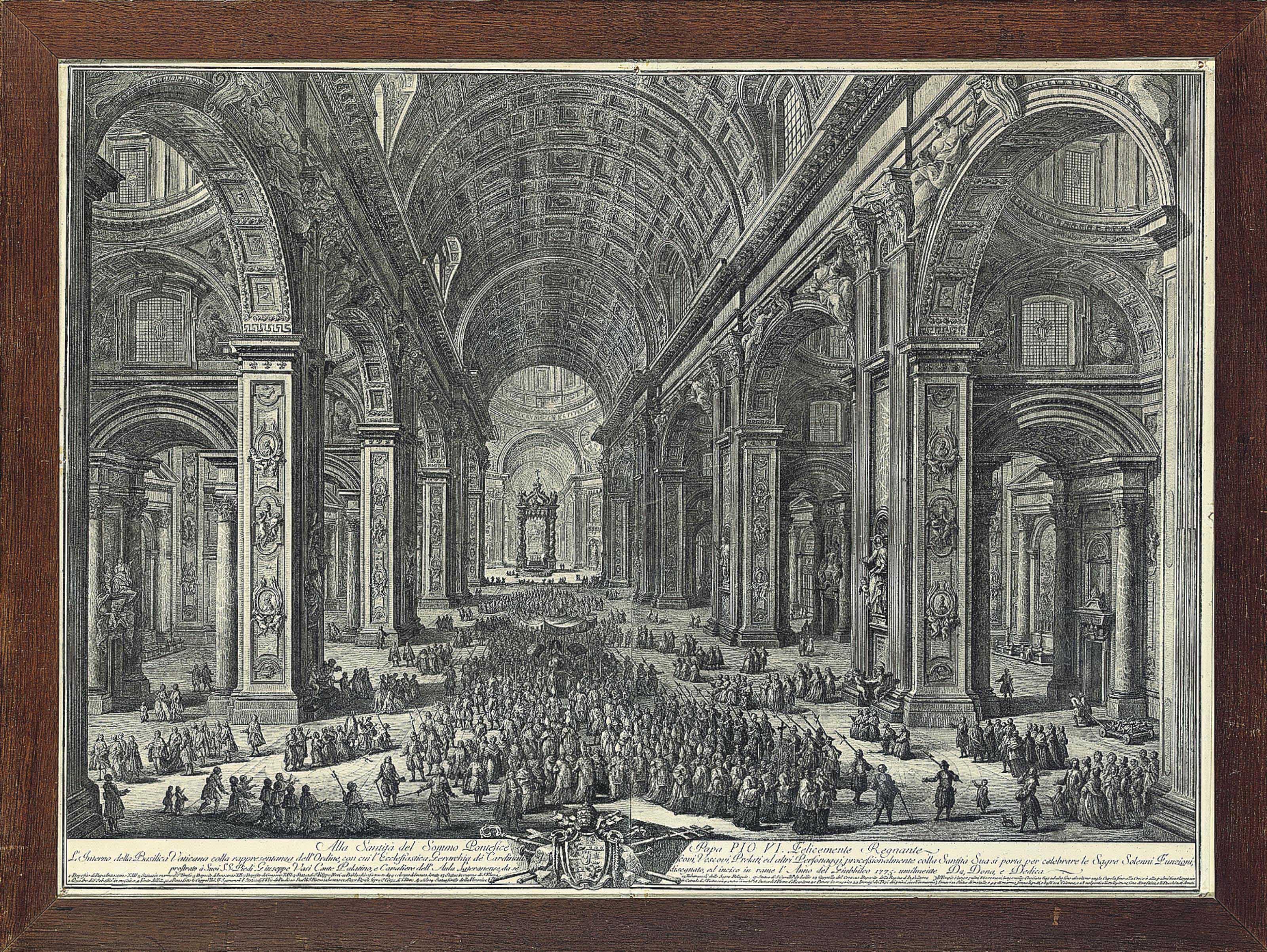 Giuseppe Vasi - Il prospetto della Citta Leonina, che si vede colla Basilica Vaticana, Ponte, e S. Angelo; and L\'Interno della Basilica Vaticana colla rappre sentanza dell\' Ordine, con cui L\'Ecclesiastica Gerarchi de Cardinali Arcivescori