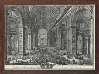 Giuseppe Vasi - Il prospetto della Citta Leonina, che si vede colla Basilica Vaticana, Ponte, e S. Angelo; and L\'Interno della Basilica Vaticana colla rappre sentanza dell\' Ordine, con cui L\'Ecclesiastica Gerarchi de Cardinali Arcivescori