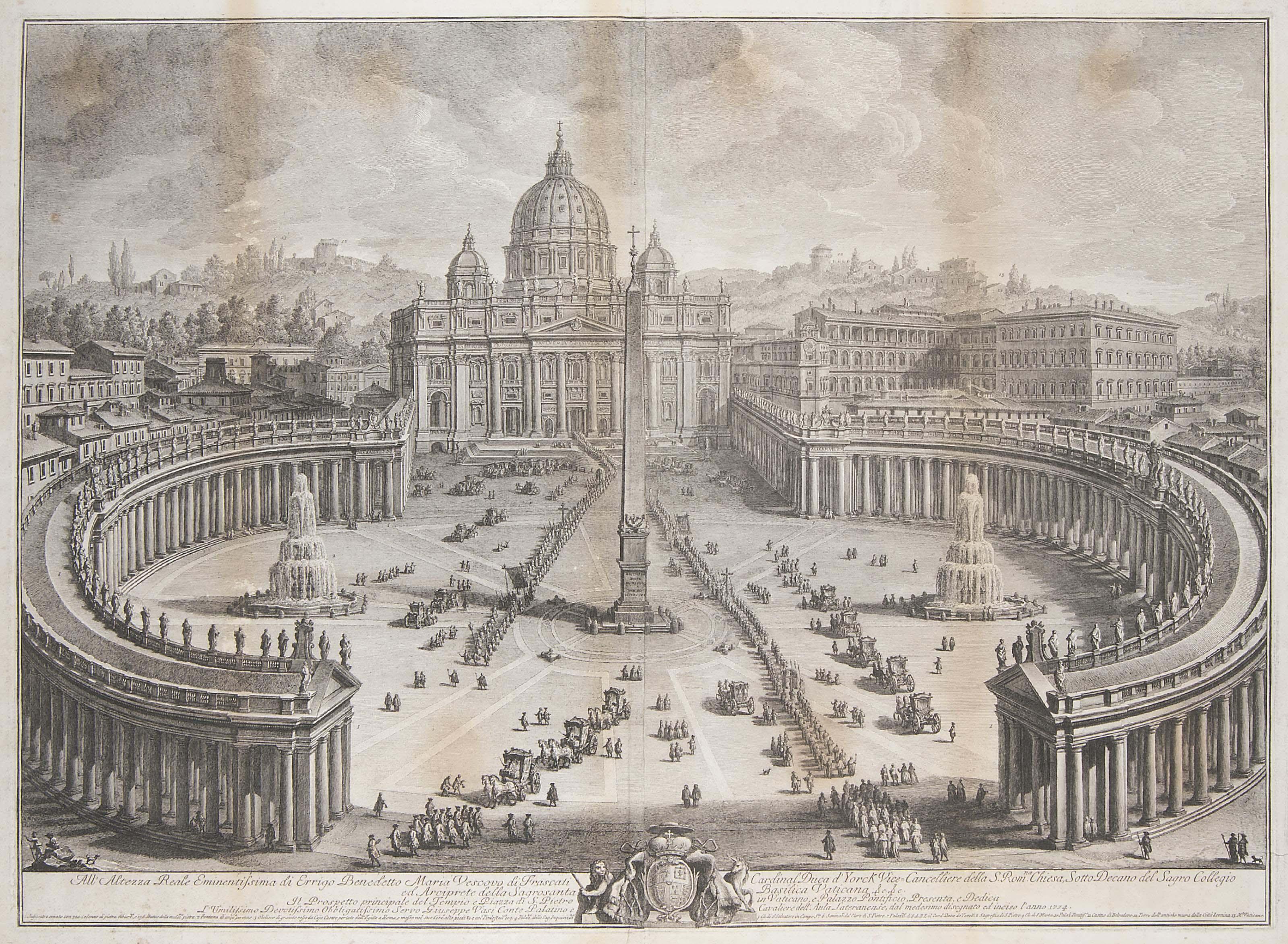 Giuseppe Vasi - Il Prospetto principale del Tempio e Piazza di S. Pietro in Vaticano, e Palazzo Pontifico; and L\'Interno della Basilica Vaticana colla rappresentanza dell\' Ordine, con cui l\'Ecclesiastica Gerarchia Cardinali Arcivescovi
