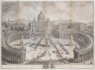 Giuseppe Vasi - Il Prospetto principale del Tempio e Piazza di S. Pietro in Vaticano, e Palazzo Pontifico; and L\'Interno della Basilica Vaticana colla rappresentanza dell\' Ordine, con cui l\'Ecclesiastica Gerarchia Cardinali Arcivescovi