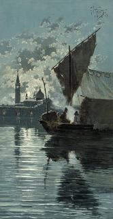 Giuseppe Vizzotto Alberti - Fishermen on the lagoon before Venice under moonlight