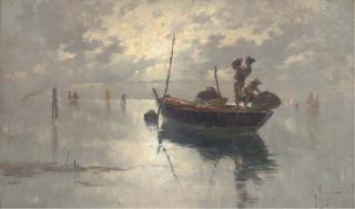 Giuseppe Vizzotto Alberti - Fishermen On The Venetian Lagoon, Dusk