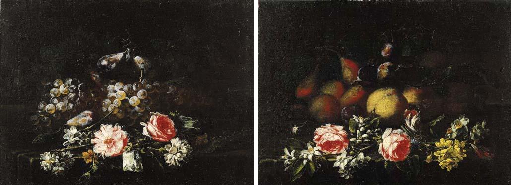 Giuseppe Volò - Uva, rose, narcisi, tulipano, garofano e susine su un tavolo Pesche, pere, susine, rose, narcisi, gelsomini e un tulipano su un tavolo