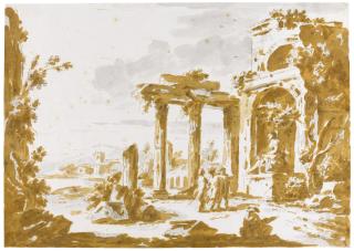 Giuseppe Zais - A Capriccio With Figures Among Ruins, An Artist Sketching In The Foreground