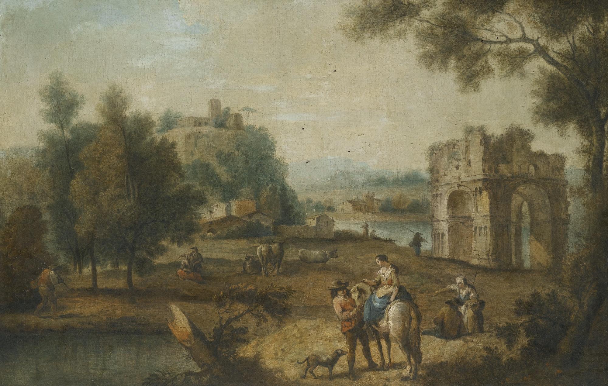 Giuseppe Zais - A Landscape With A Roman Ruin And Figures Resting Beside A Stream