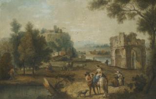 Giuseppe Zais - A Landscape With A Roman Ruin And Figures Resting Beside A Stream