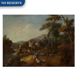 Giuseppe Zais - A wooded river landscape with ruins and figures