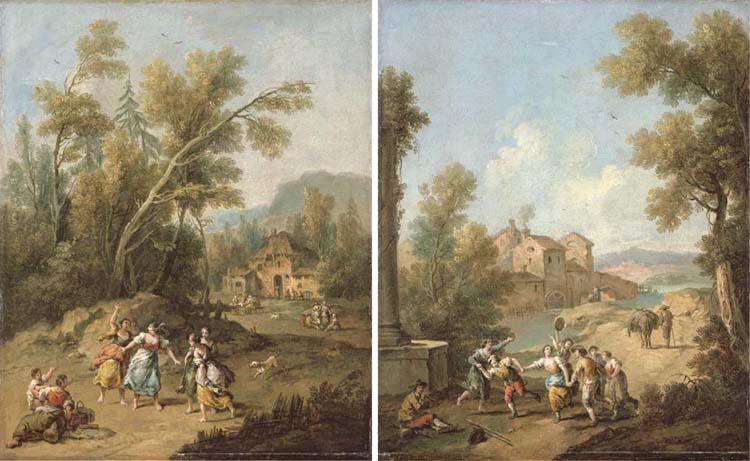 Giuseppe Zais - An Italianate wooded landscape with young peasant women playing blind-man\'s-buff; and An Italianate river landscape with peasants making music and dancing