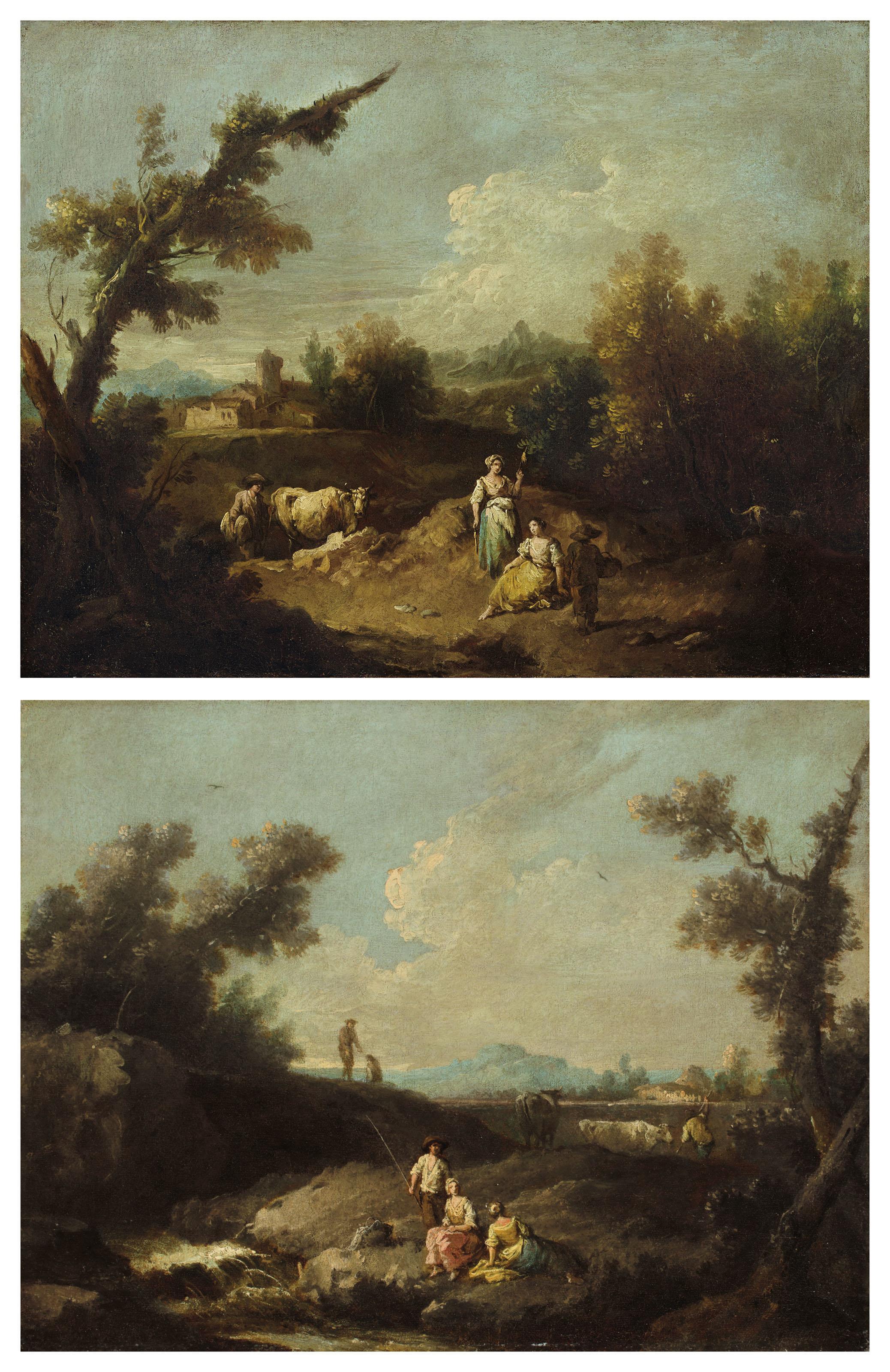 Giuseppe Zais - Cow-herds resting by a river in an Italianate landscape; and Cow-herds resting on a path in an Italianate landscape