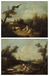 Giuseppe Zais - Cow-herds resting by a river in an Italianate landscape; and Cow-herds resting on a path in an Italianate landscape