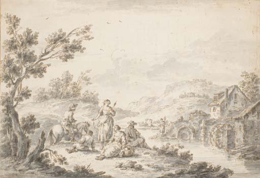 Giuseppe Zais - Hommes et femme se reposant au bord d\'une rivière, un moulin à l\'arrière-plan