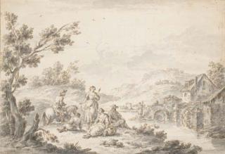 Giuseppe Zais - Hommes et femme se reposant au bord d\'une rivière, un moulin à l\'arrière-plan