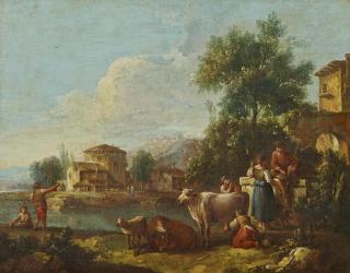 Giuseppe Zais - Italienische Landschaft mit Hirten am Brunnen.