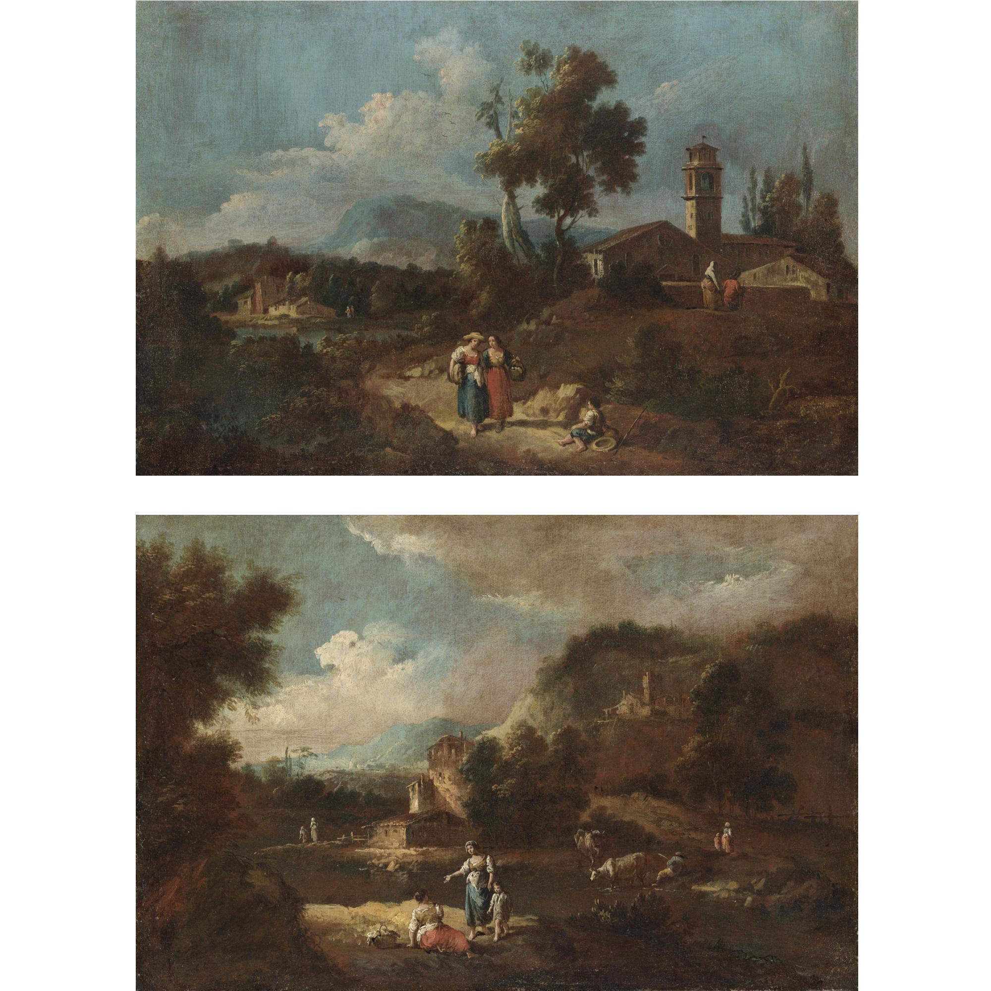 Giuseppe Zais - Paesaggio Con Contadine Lungo Una Strada Di Campagna; Paesaggio Con Contadini Presso Un Fiume