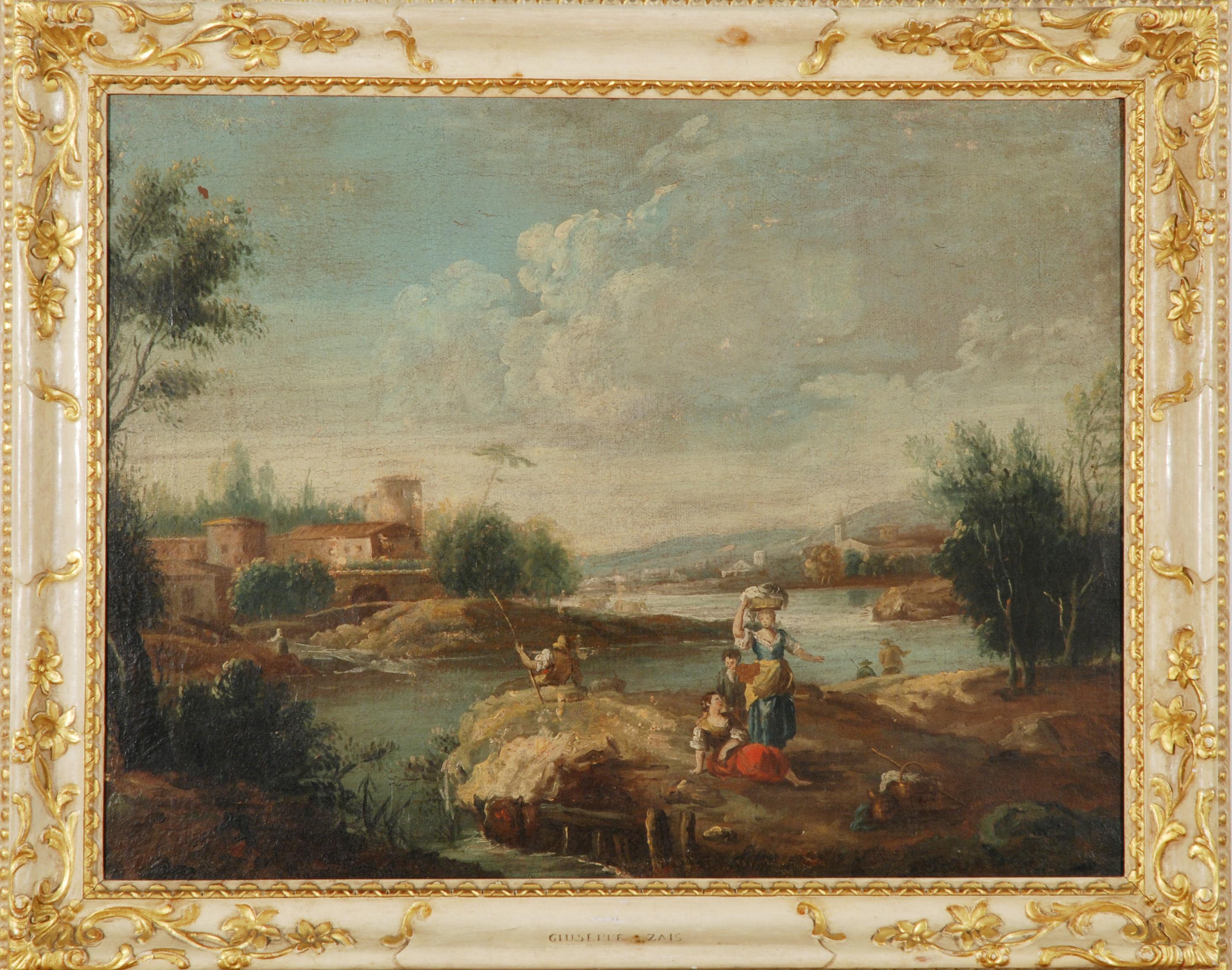 Giuseppe Zais - Paesaggio con fiume e lavandaie