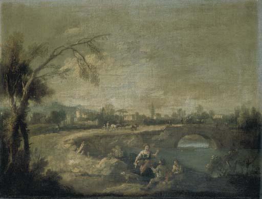 Giuseppe Zais - Paesaggio Fluviale Con Lavandaia Ed Altre Figure Presso Un Ponte di Pietra