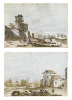 Giuseppe Zais - Paesaggio rurale con contadini e animali; e Paesaggio fluviale con viandanti