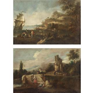 Giuseppe Zais - Veduta Costiera Con Figure E Un\'Imbarcazione; Paesaggio Con Contadini Vicino A Una Cascina