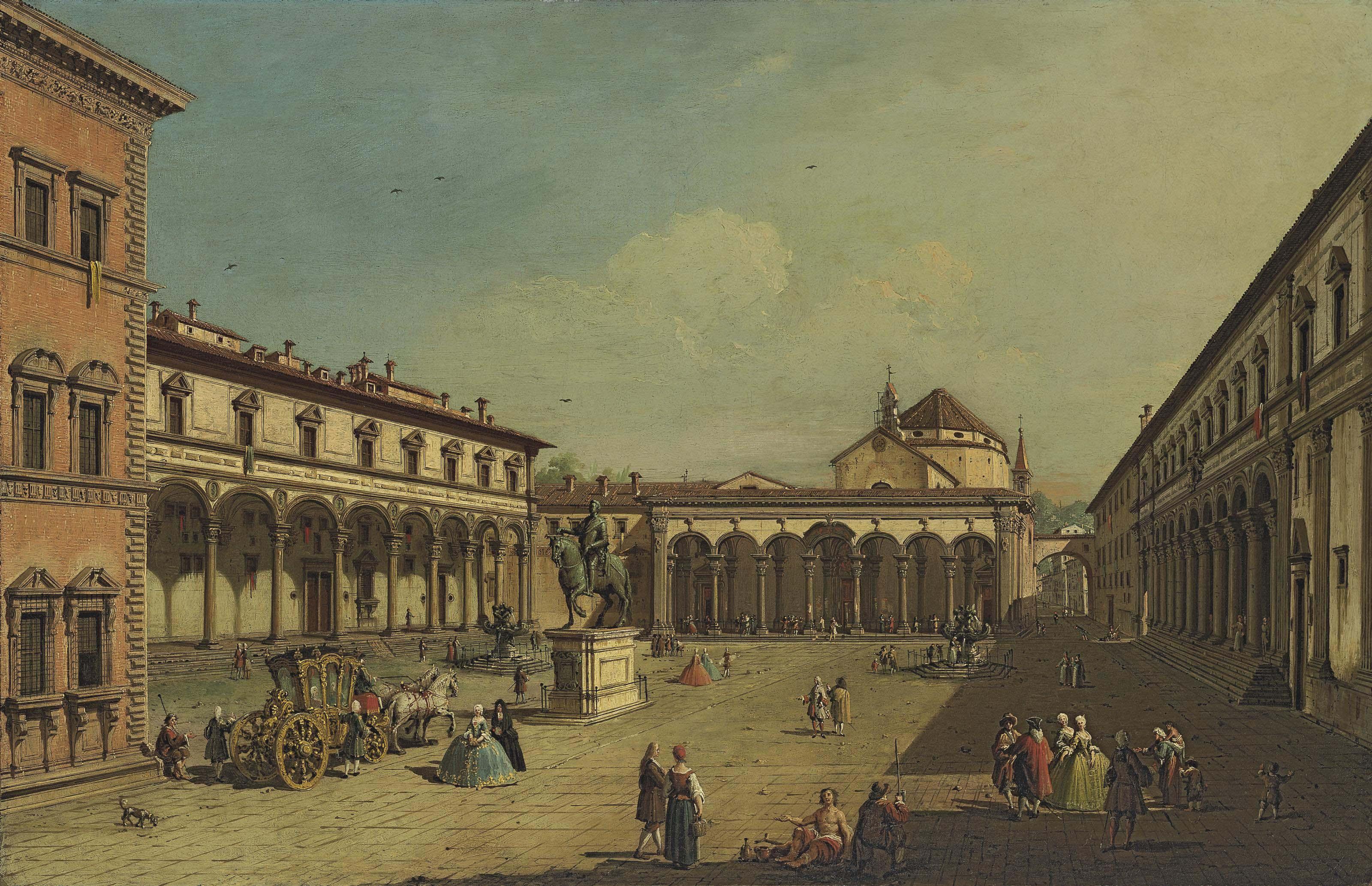 Giuseppe Zocchi - A view of the Piazza della Santissima Annunziata, Florence, with the Ospedale degli Innocenti
