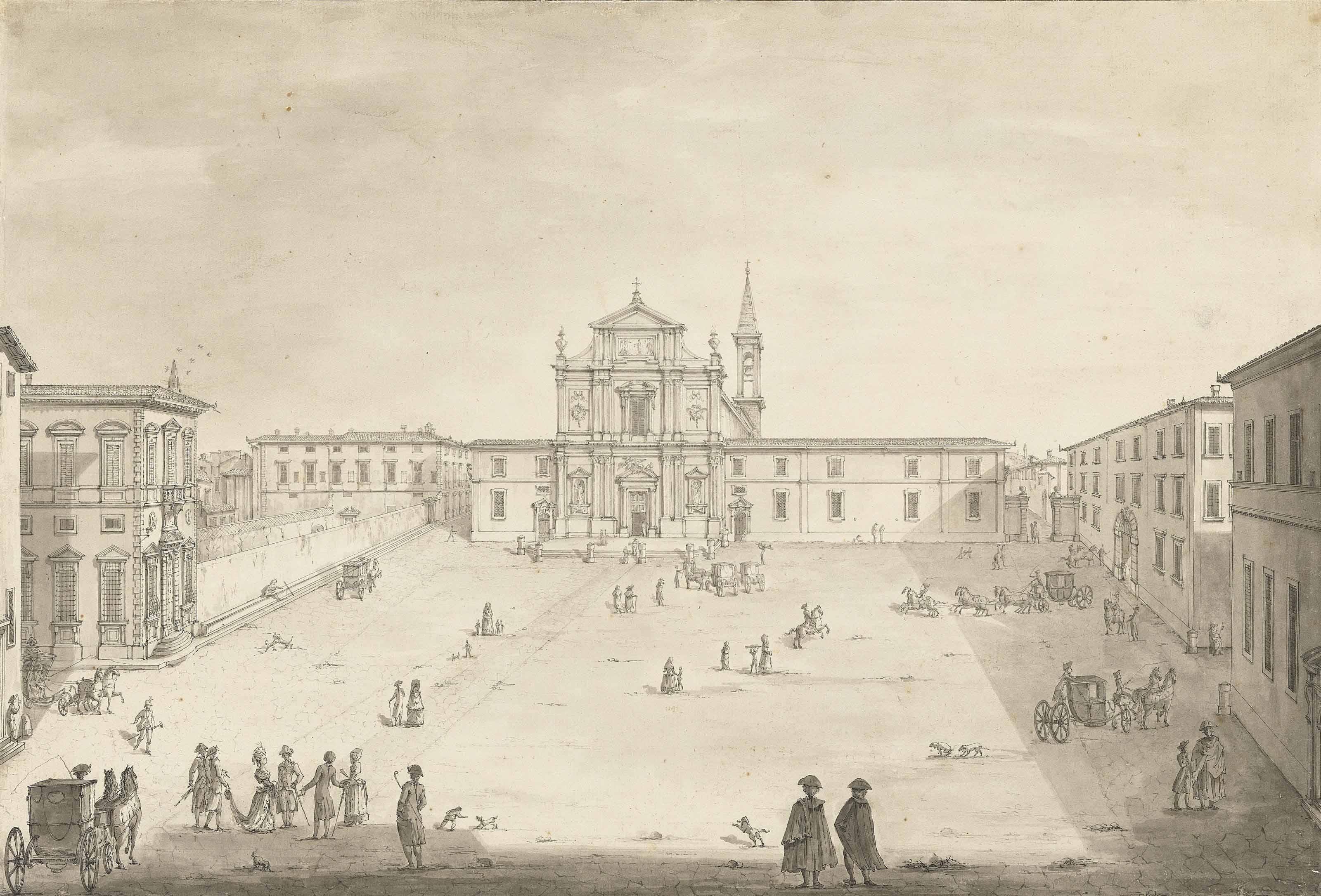 Giuseppe Zocchi - A view of the Piazza San Marco, in Florence with, from the left to the right, the Casino della Livia, the Casino Mediceo, the Convent of San Marco, the Giardino dei Semplici and the Accademia di belle arti