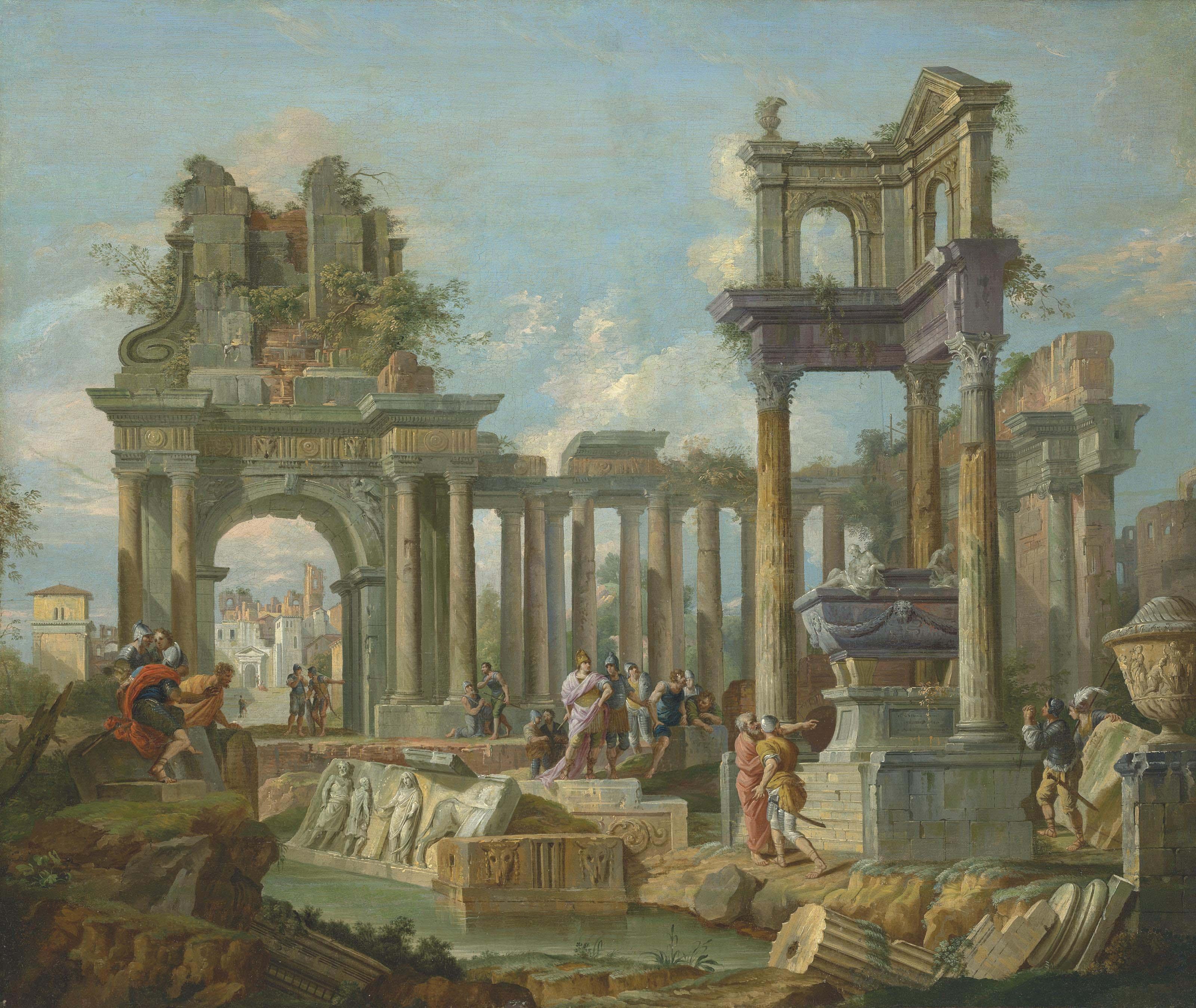 Giuseppe Zocchi - An architectural  capriccio  of classical ruins with Alexander visiting the Tomb of Achilles