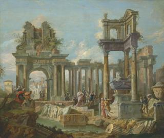 Giuseppe Zocchi - An architectural  capriccio  of classical ruins with Alexander visiting the Tomb of Achilles