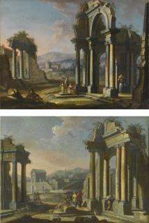 Giuseppe Zocchi - Architectural Capricci With Figures Among Classical Ruins: A Pair