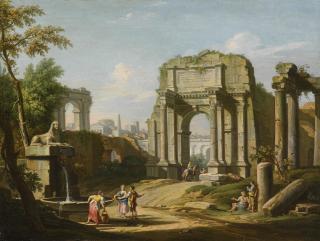Giuseppe Zocchi - Capriccio Architettonico Con Rovine Antiche, Una Sfinge E Figure Presso Una Fontana