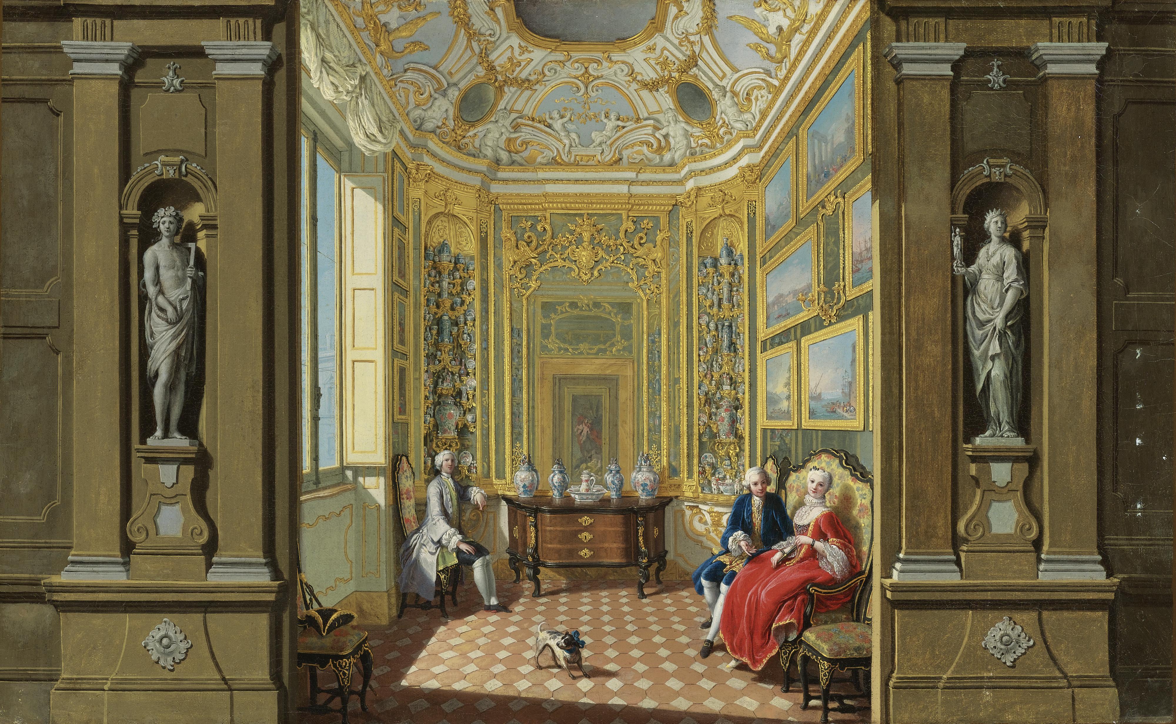 Giuseppe Zocchi - Elegant Figures Seated In The Picture And Porcelain Cabinet Of A Palace
