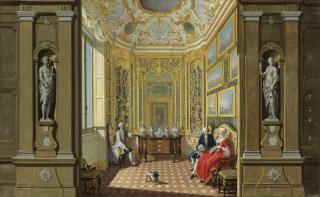 Giuseppe Zocchi - Elegant Figures Seated In The Picture And Porcelain Cabinet Of A Palace