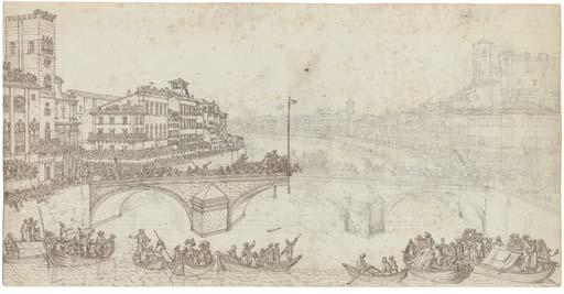 Giuseppe Zocchi - Il giocco del Ponte on the Ponte di Mezzo over the Arno at Pisa (recto); A garden and courtyard behind a church (verso)