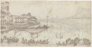 Giuseppe Zocchi - Il giocco del Ponte on the Ponte di Mezzo over the Arno at Pisa (recto); A garden and courtyard behind a church (verso)