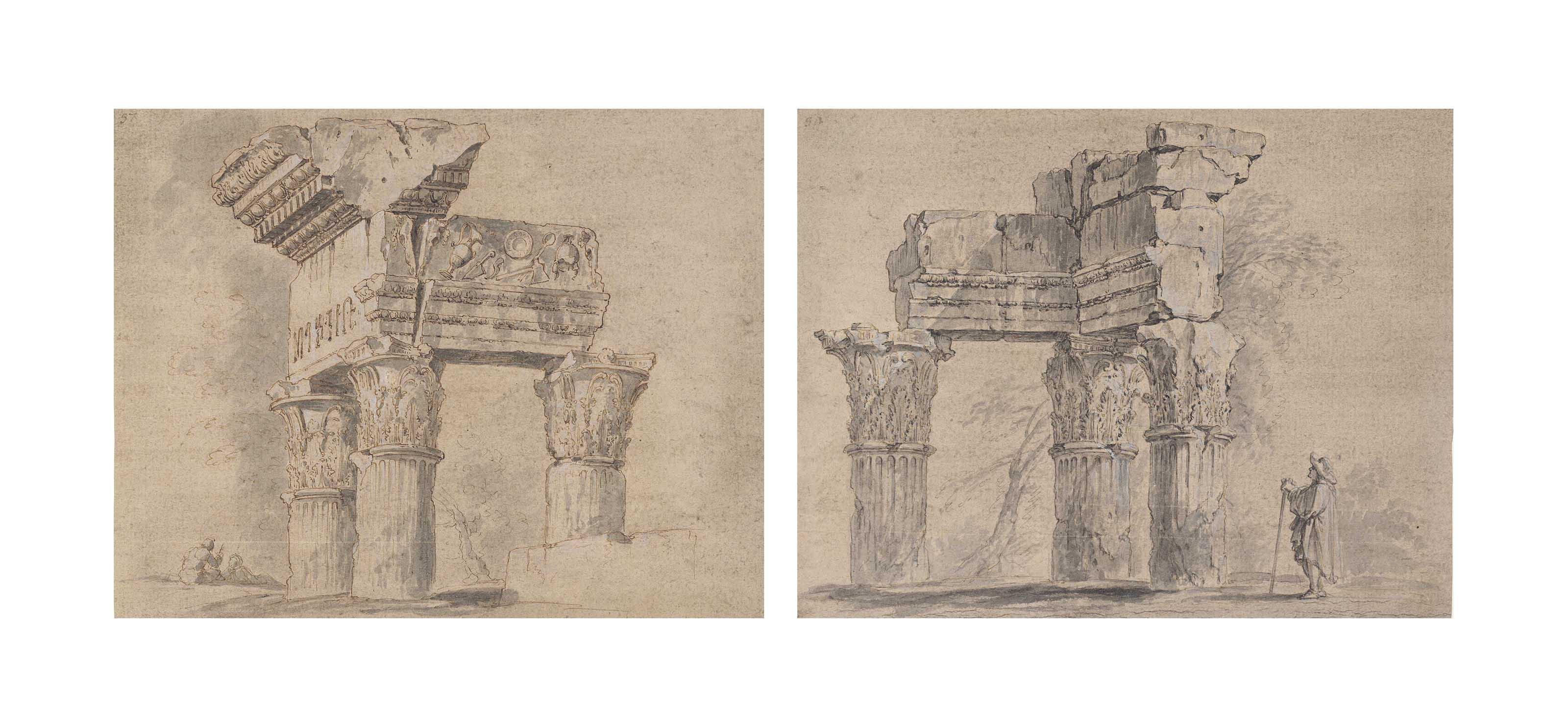 Giuseppe Zocchi - The ruins of the Temple of Vespasian, Rome, with two figures resting;  and  The ruins of the Temple of Vespasian with an admiring traveller
