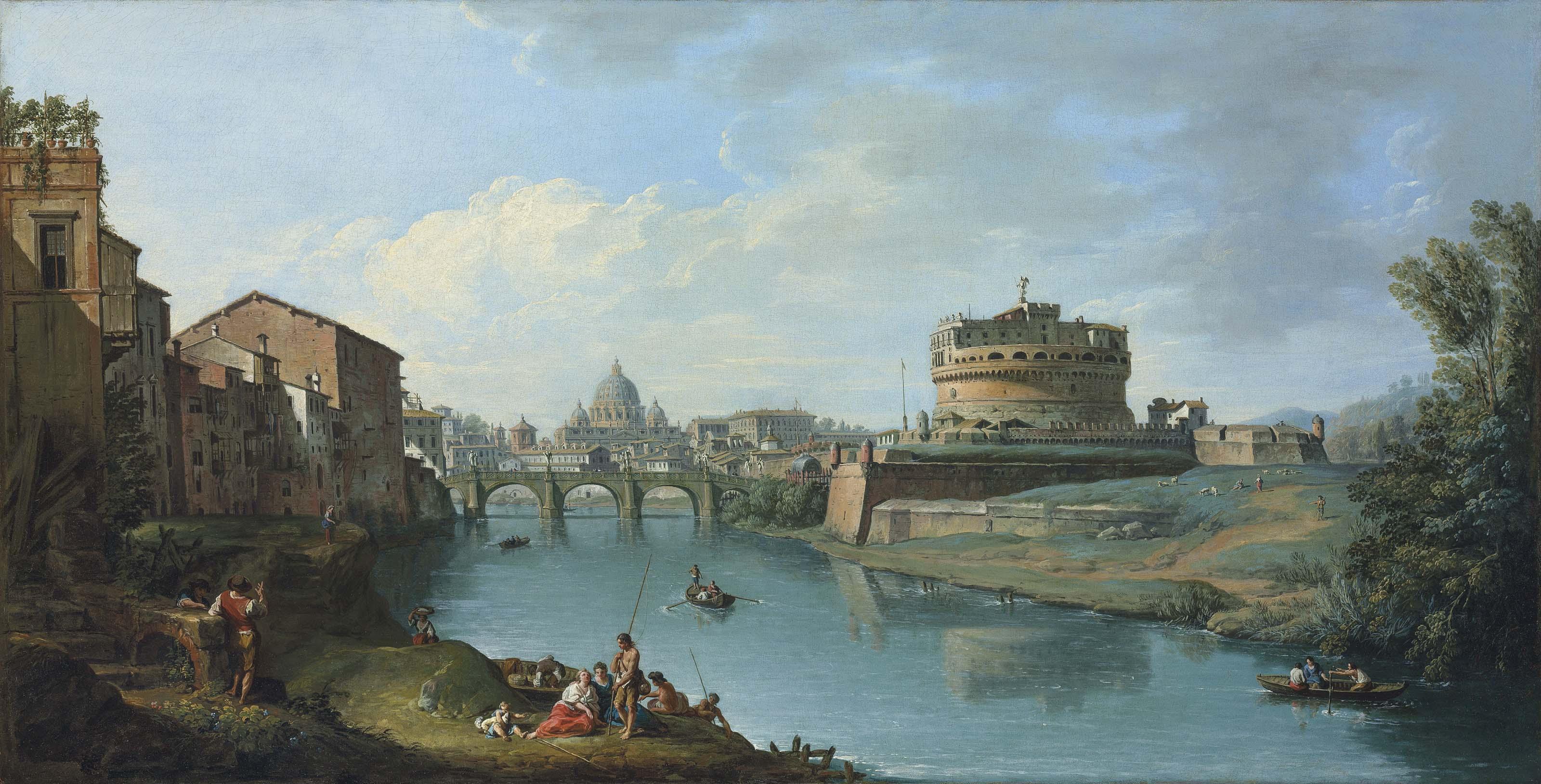 Giuseppe Zocchi - The Tiber River, Rome, looking towards the Castel Sant\'Angelo, with Saint Peter\'s Basilica beyond
