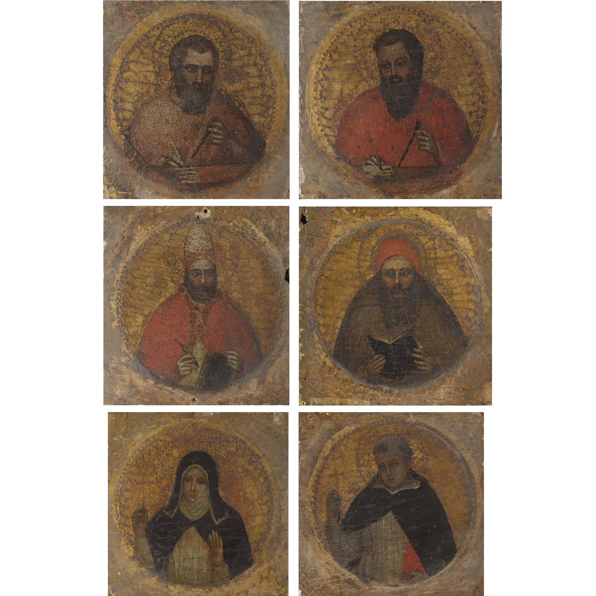 Giusto de\' Menabuoi - Two Evangelists; A Pope Saint; A Bearded Saint; Saint Catherine Of Siena; And A Male Domincan Saint, Possibly Thomas Acquinas