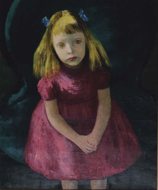 Gladys Rockmore Davis - Portrait of A Young Girl In A Red Dress, Seated In A Green Chair