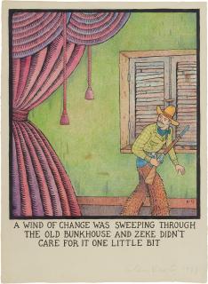 Glen Baxter - A Wind Of Change Was Sweeping Through The Bunk House And Zeke Didn’T Care For It One Little Bit