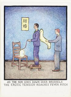 Glen Baxter - As The Sun Goes Down Over Brussels The Erotic Tension Reaches Fever Pitch