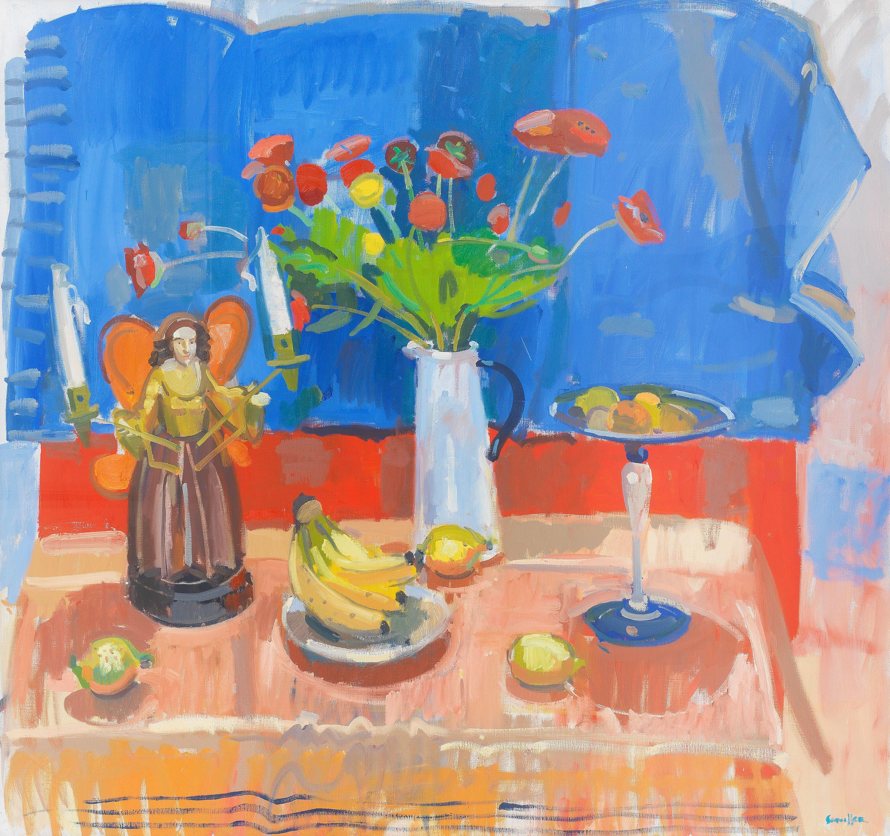 Glen Scouller RSW RGI - Still life with a vase of flowers, fruit and a candelabra on a table